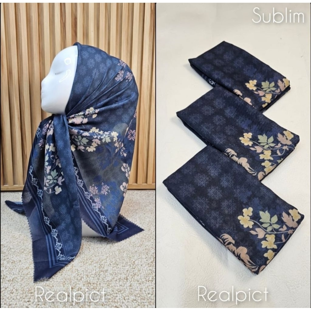 KERUDUNG SEGI EMPAT HIJAB MOTIF BUNGA NAVY KOMBI KUNING CREAM