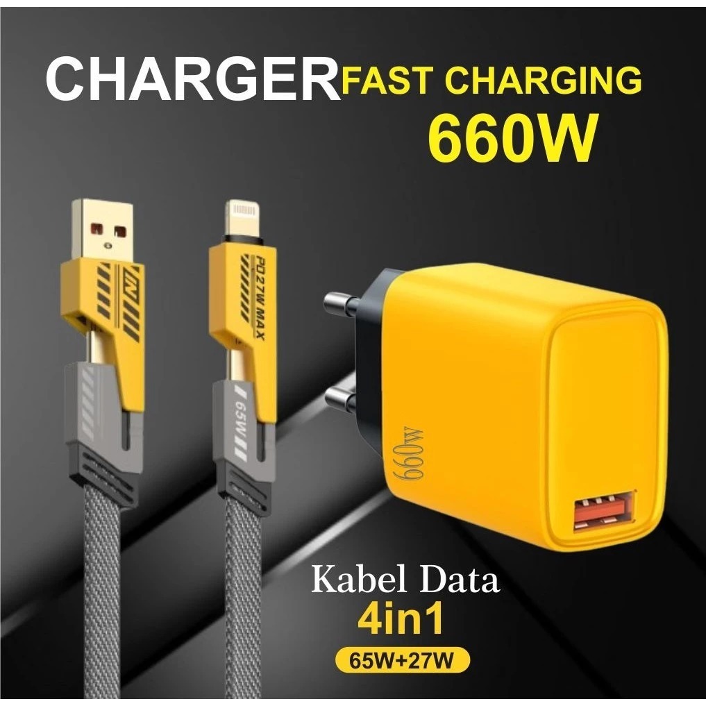 Charger 660W Batok rg15 + Kabel Data 4 IN 1 Fast Charging USB Type A, Type C, iOS Multiple Charging