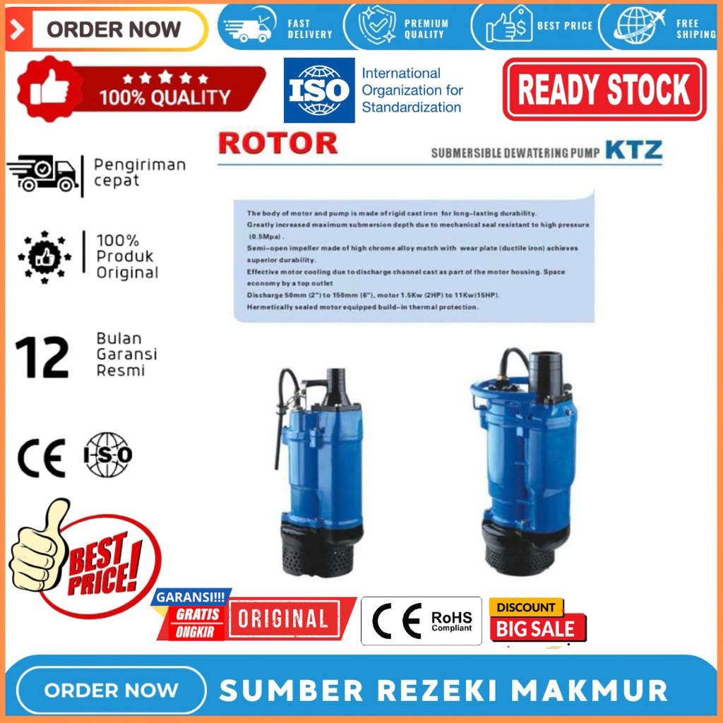 Pompa Celup Lumpur Dewatering 15HP Rotor KTZ 411 Submersible KTZ411