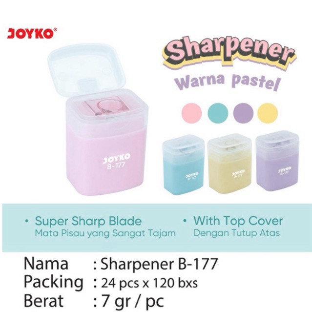 

( 1 pcs ) Rautan B-177 / Kerukan Pencil warna Pastel / Sharpener Pensil / Serutan super tajam Pastel Color / Peruncing / Asahan B177 Joyko
