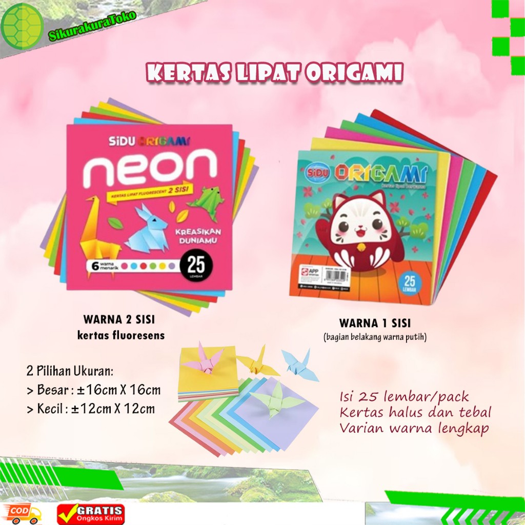 

(sko) SIDU Kertas Origami Lipat Polos Warna Warni Isi 25 Lembar Neon 12 14 16 Cm Fluorescent 1 & 2 Sisi Paper Besar Sedang Kecil