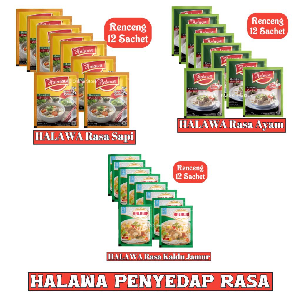 

Halawa bumbu penyedap rasa ayam, sapi dan jamur per renceng (12 sachet)