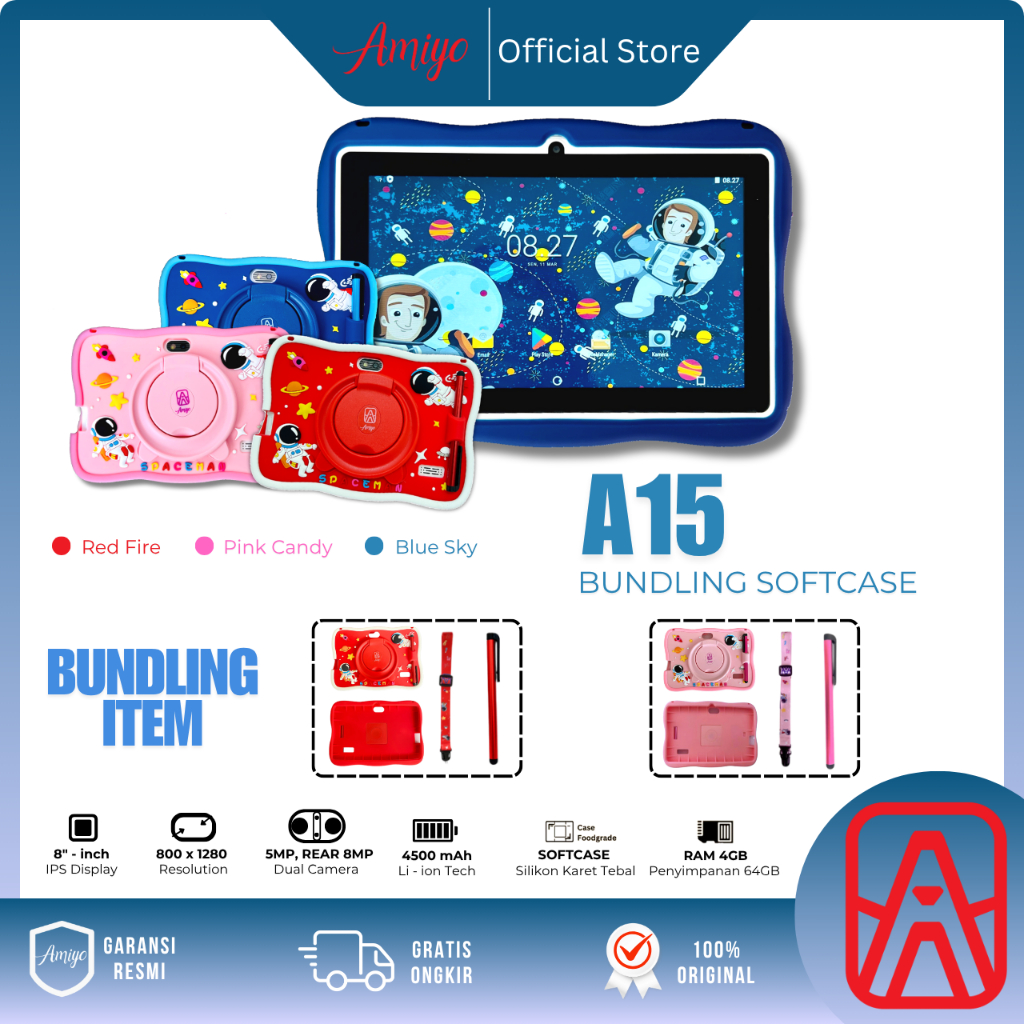 Amiyo Tab Study Kids A15 Bundling SoftCase Foodgrade Tab Edukasi wifi/hotspot only Tablet Astronout