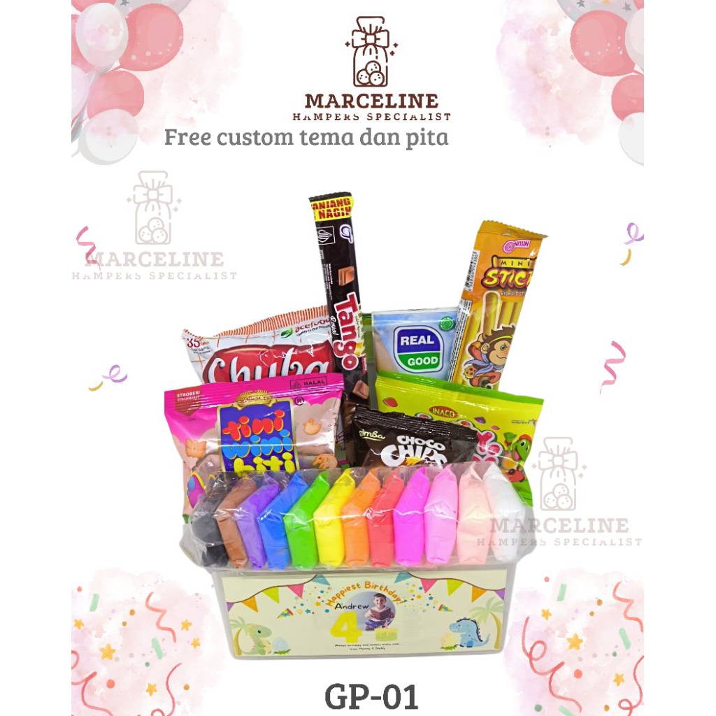 

Hampers ulang tahun murah untuk anak. bingkisan snack ulangtahun free design tema Dan pita.