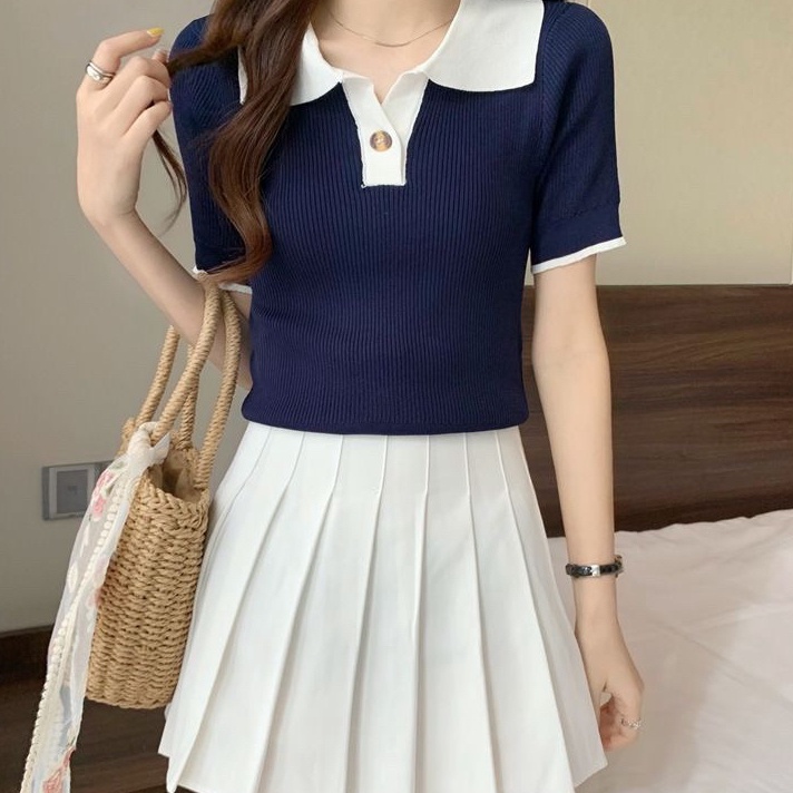 Baju Rajut Kerah Polo Lengan Pendek  Atasan Berkerah Lengan Pendek Wanita  Korean Style  Rajut Kanci