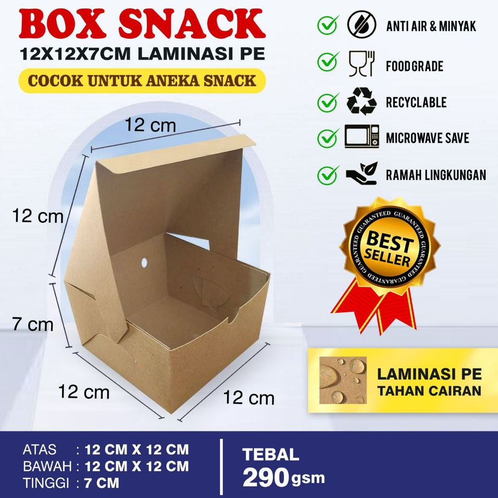 

50 pcs box snack12X12X7 cm,lebih besar,kotak makanan,laminasi dalam,kuat,tidak mudah rusak,praktis,higienis,ekonomis dan murahh