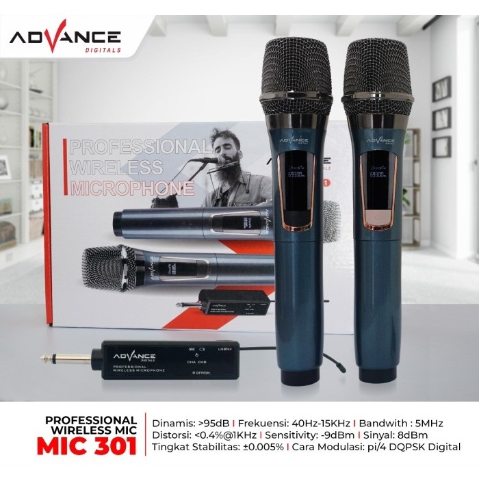 Mic Wireless Advance Mic301 mix karaoke display LED / 2 Mic Nirkabel Portable