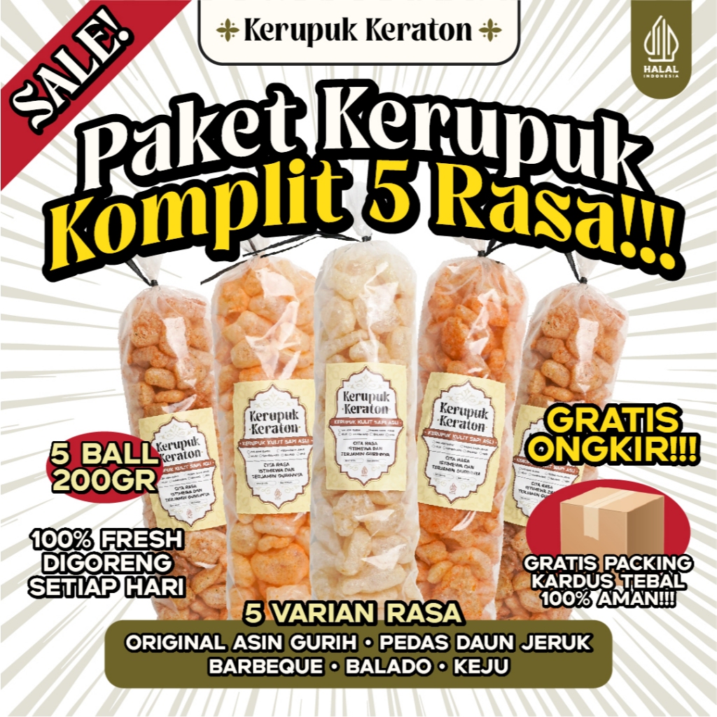 

Kerupuk Keraton – Paket Komplit 5 Rasa 200gr Semua Rasa Rambak Sapi Asli – 100% Halal & Renyah