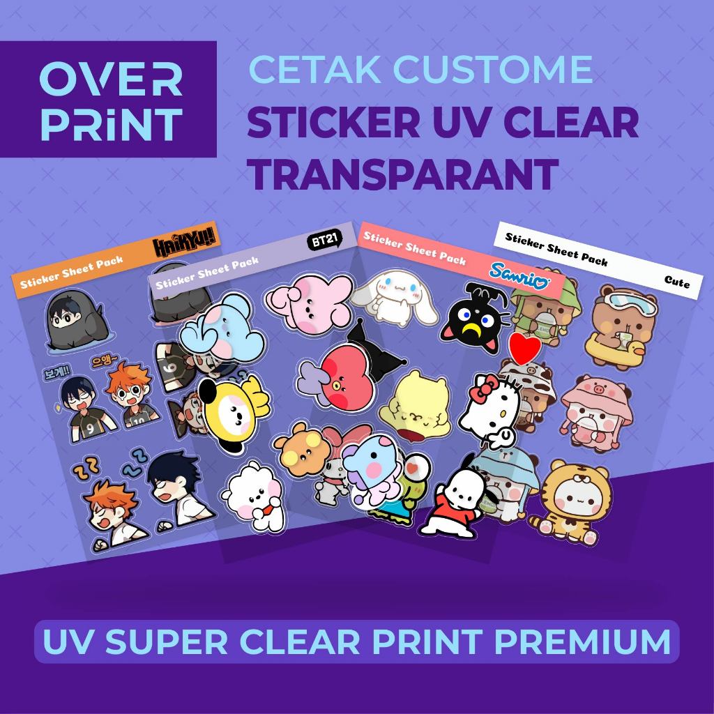 

CETAK STICKER SHEET UV CLEAR TRANSPARANT CUSTOM DESIGN / TRANSPARANT SUPER CLEAR UV STICKER / KISSCUT STICKER SHEET