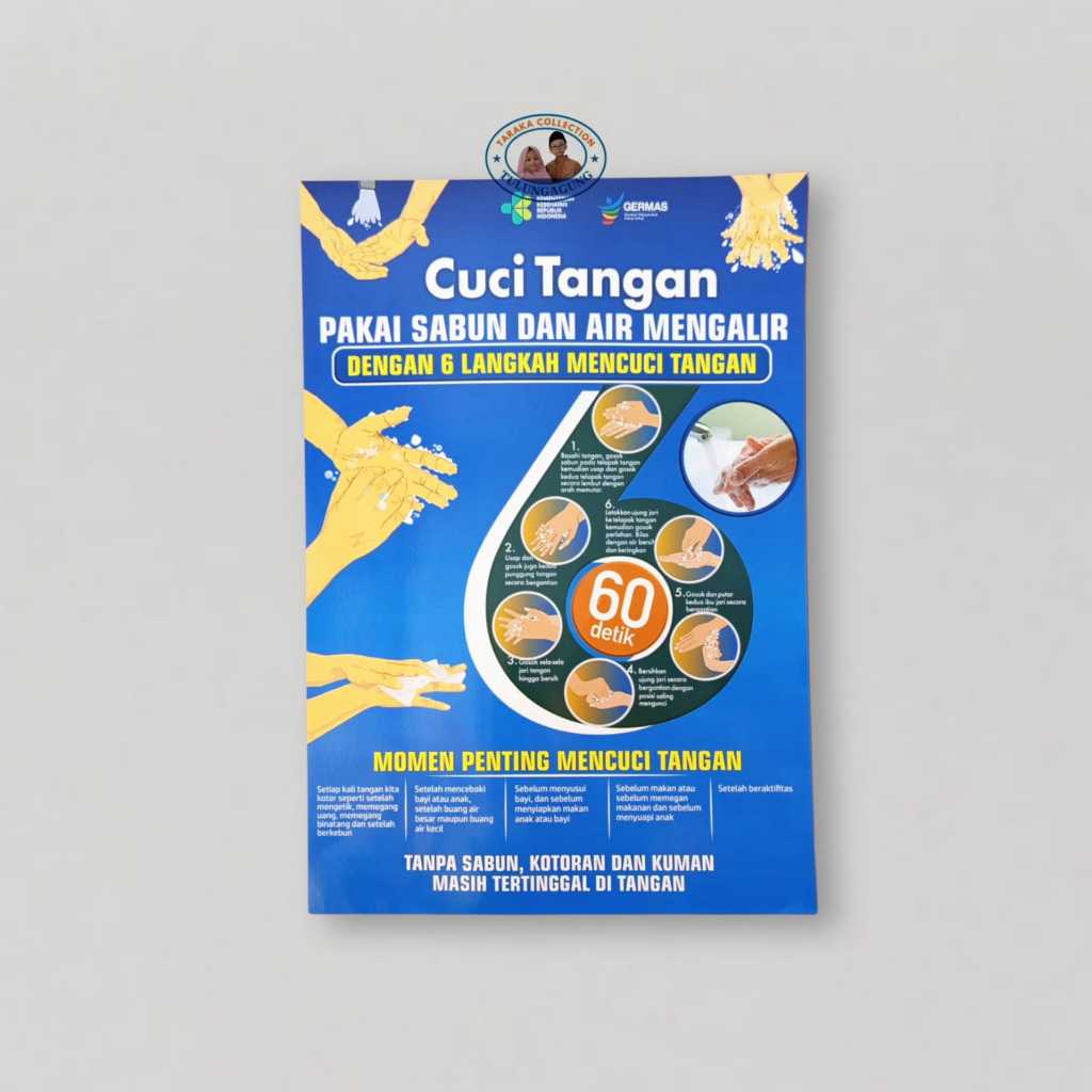 Poster Cuci Tangan | Poster 6 Langkah Mencuci Tangan | Poster Cara Cuci Tangan dengan Sabun