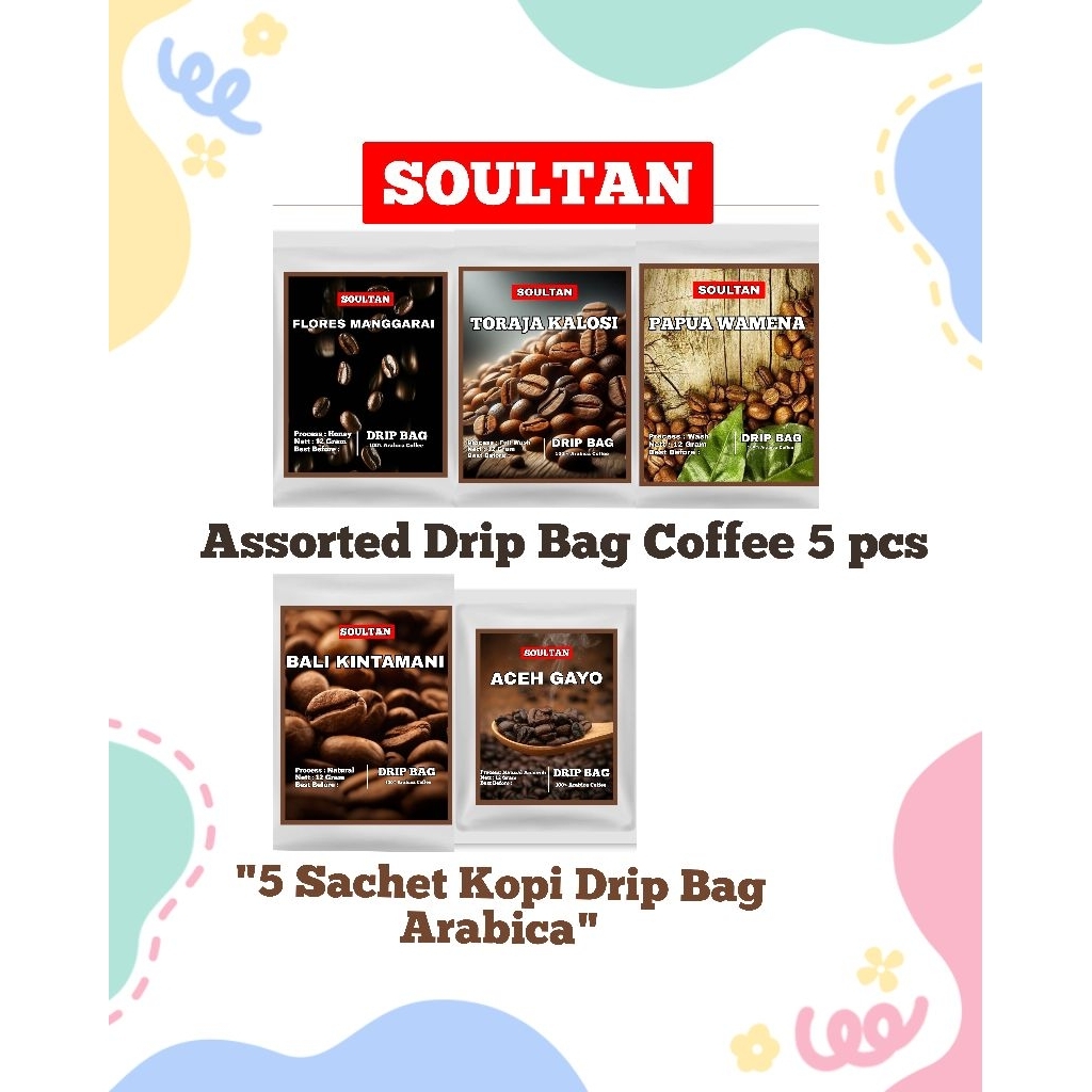 

Assorted Drip Bag Coffee isi 5 sachet kopi bubuk Arabica single origin sachet box 5 X 12 Gram