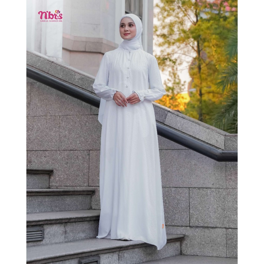 NIBRAS BAJU GAMIS MUSLIM WANITA TERBARU MODEL LABBAYK 001 WARNA PUTIH