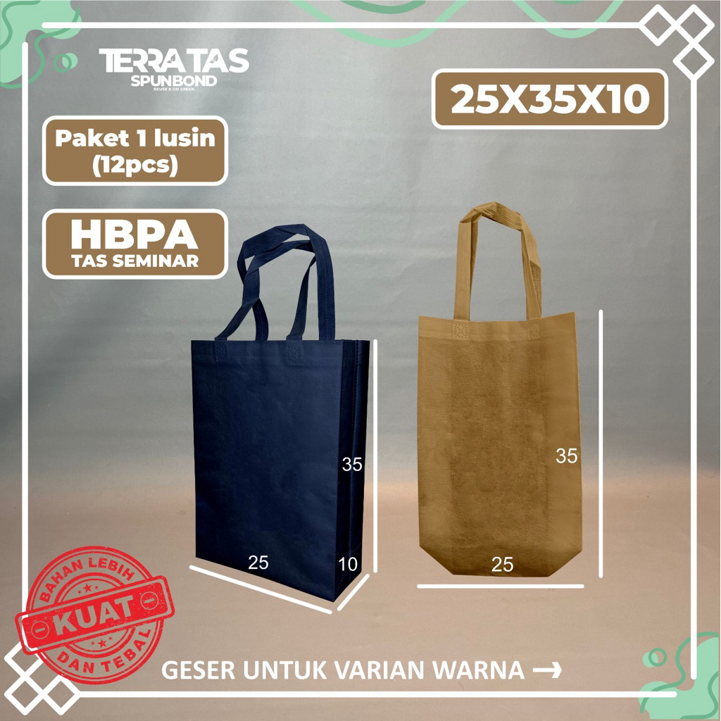 

Paket 1 Lusin 12pcs Tas Seminar 75 GSM 25x35x10 Goodie Bag Tas Belanja Spunbond HBPA