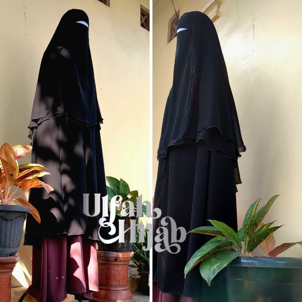 Jilbab Safar bagian Cadar Tanpa Lipit Full Silky Jilbab Safar Ritz Jetblack / Jilbab Safar Non Lipit