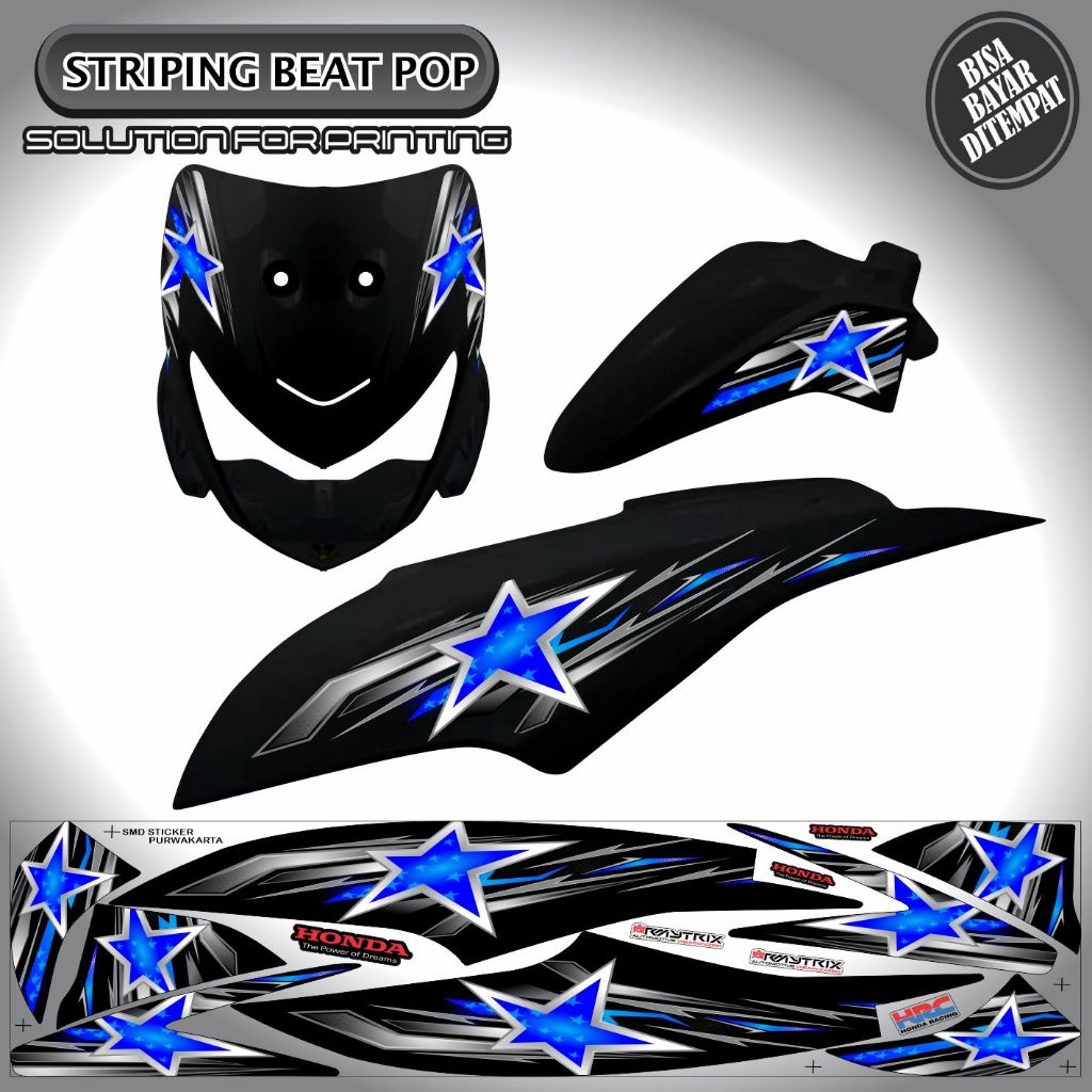 STRIPING VARIASI STICKER HONDA BEAT POP MOTIF BINTANG BIRU KEREN SIMPLE MURAH