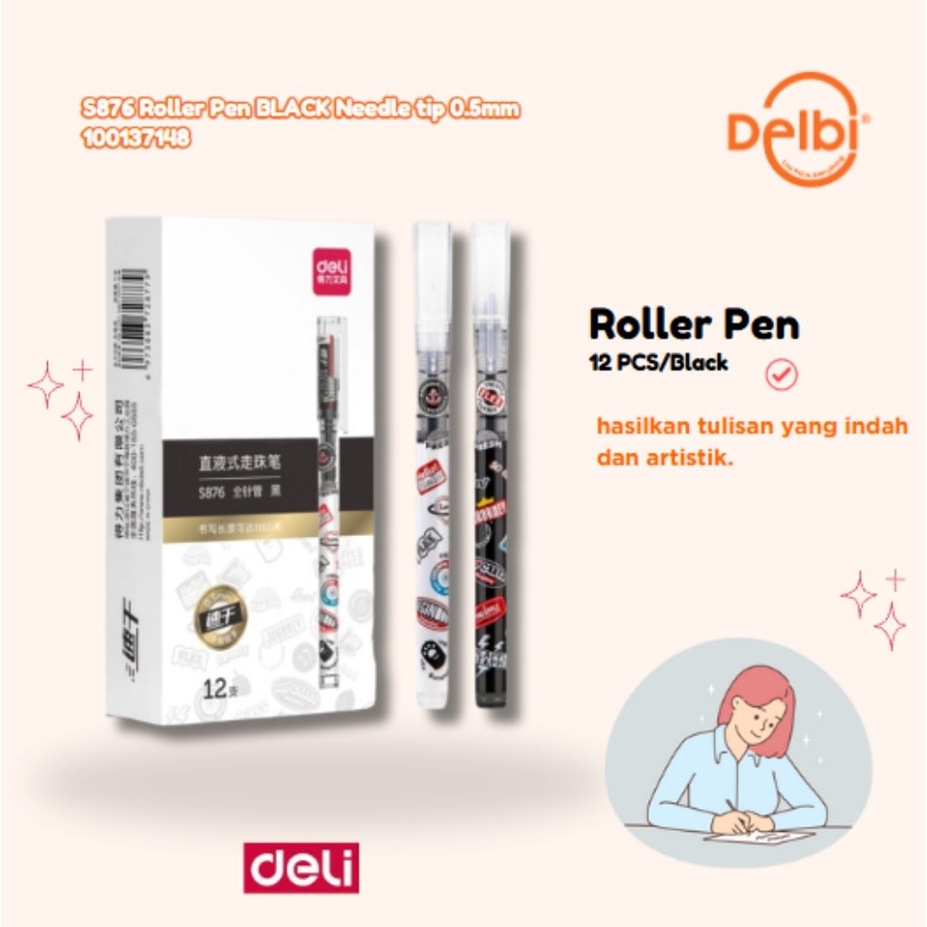 

DELI S876 Roller Pen BLACK Needle tip 0.5mm BX144