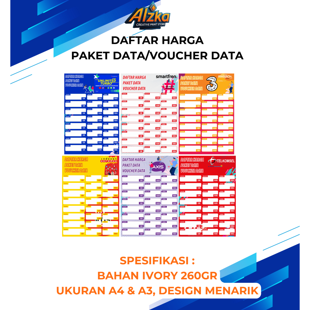 

Cetak Daftar Harga Paket Data/Voucher Internet • Desain Menarik • Cocok untuk Konter & Toko