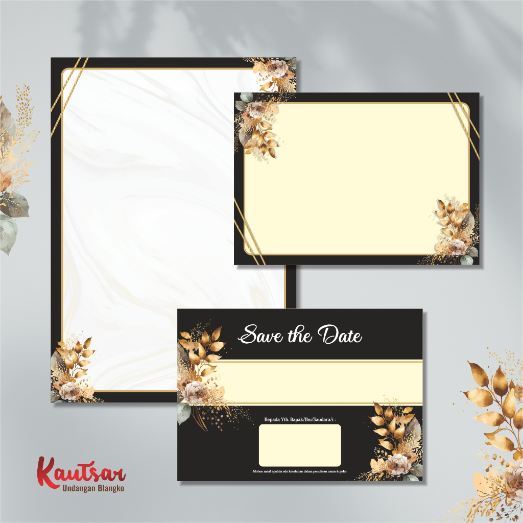 Blangko Undangan Pernikahan Kosong Warna Hitam Floral Gold