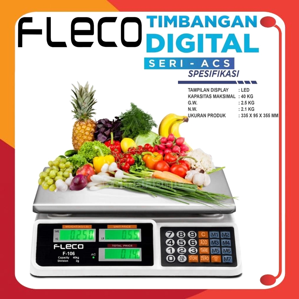 Timbangan Digital 40Kg Fleco F-114 Double Display Tatakan Pan Stainless Steel