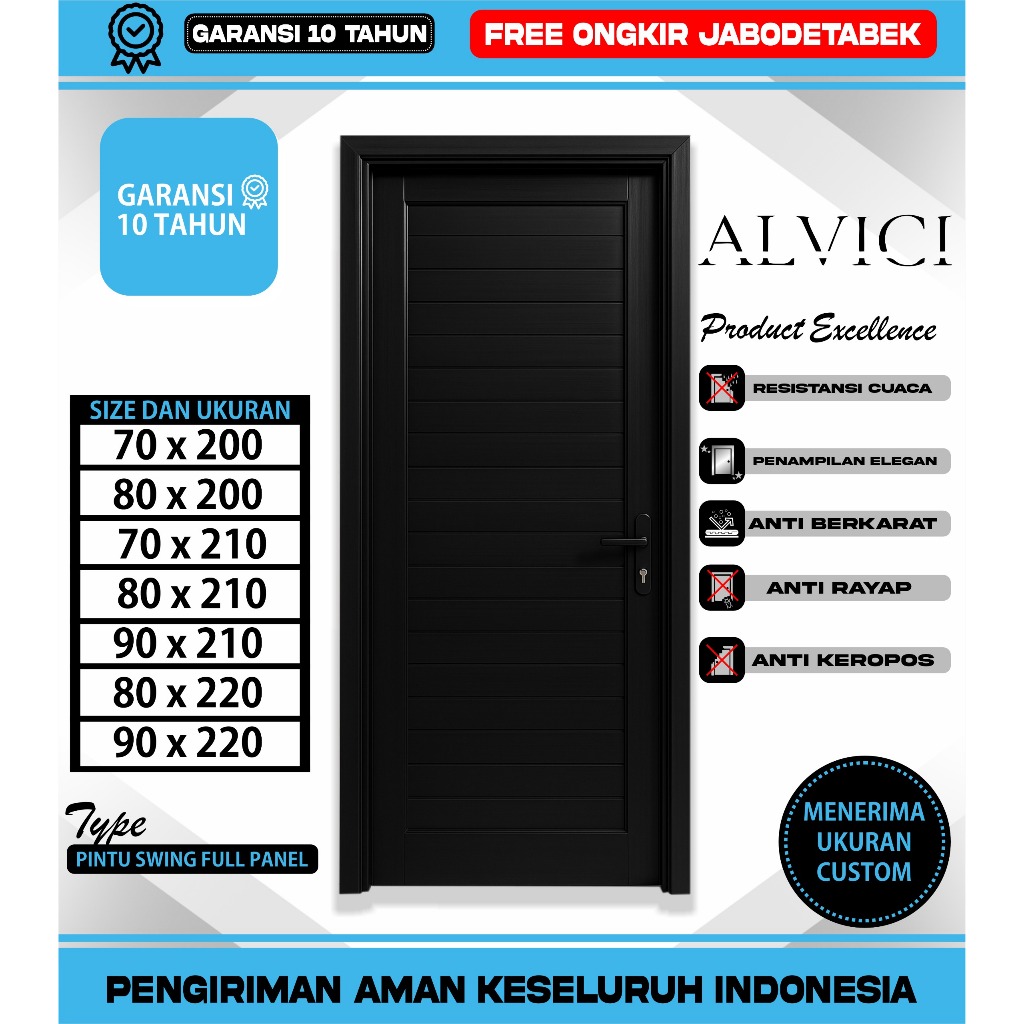 Pintu Kamar Dan Pintu Kamar Mandi UPVC 70 x 200 Sampai Dengan 90 x 220 Swing Full Panel Hitam ALVICI