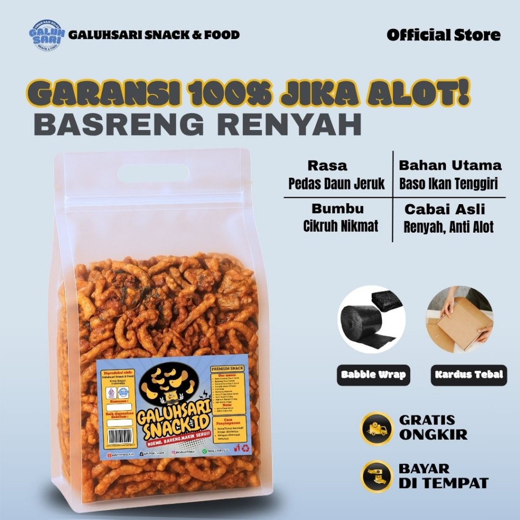 

Galuhsari - Cemilan Pedas Basreng Daun Jeruk Sultan Viral Bumbu Rempah Cikruh Snack kiloan Renyah