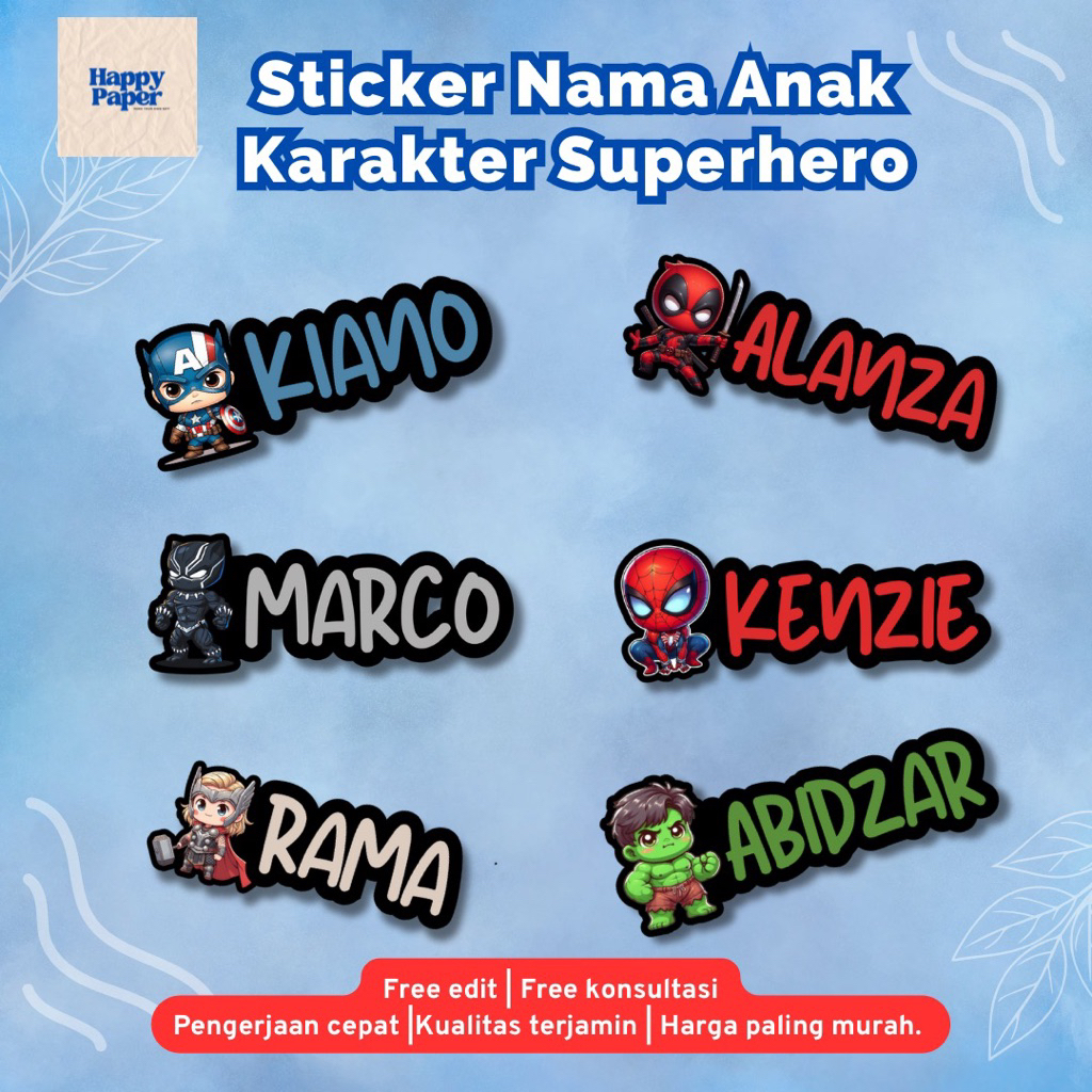 

Sticker Nama Anak Superhero | Sticker Nama Waterproof | Sticker custom | Sticker nama anak murah