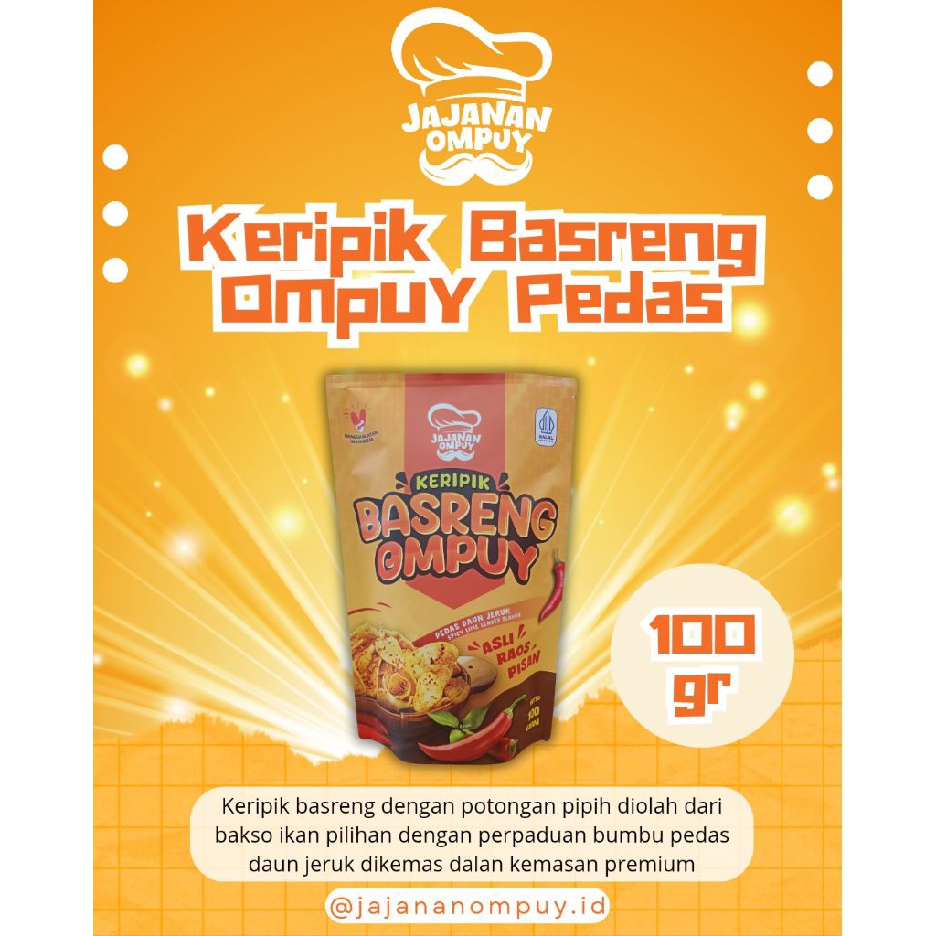 

Keripik Basreng Ompuy Pedas Daun Jeruk Kemasan Premium