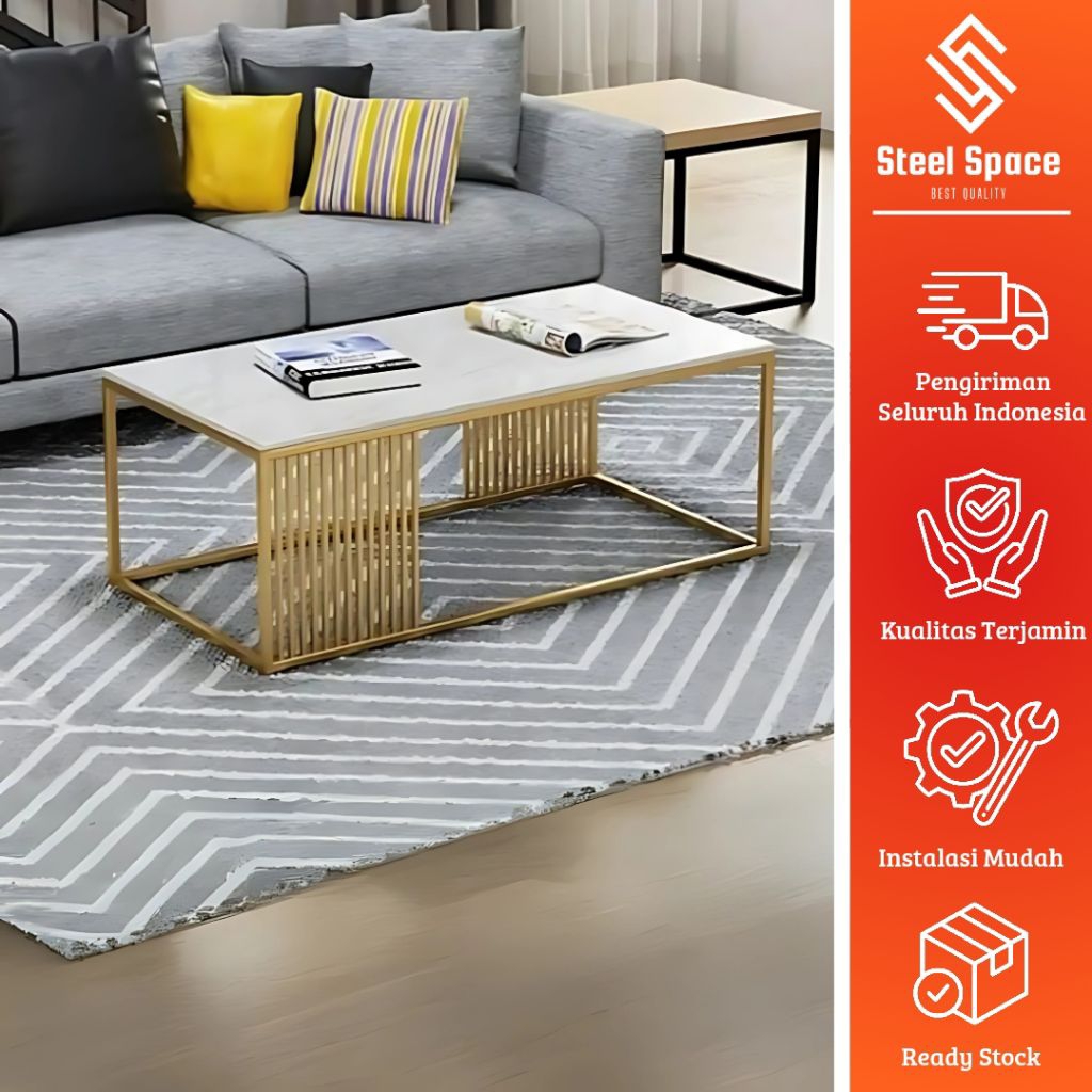 meja tamu minimalis top motif marmer / meja tamu kaki besi warna emas / meja tamu persegi modern