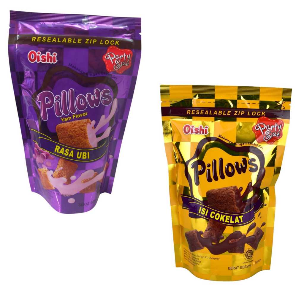 

Oishi Pillows Party Size 100gr/ Camilan / Makanan Ringan / Snack Rasa Cokelat dan Rasa Ubi