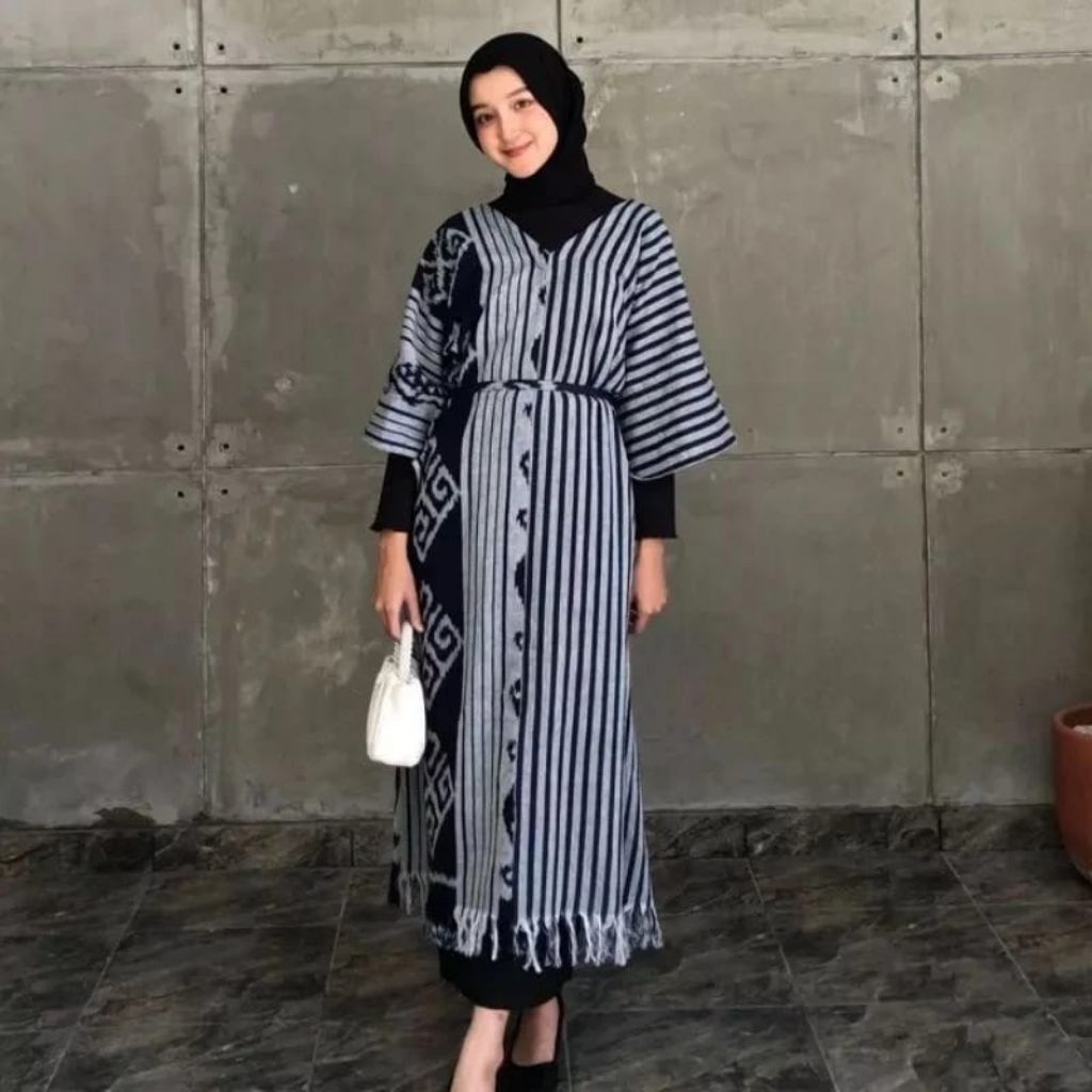 kaftan Cardigan Panjang Tenun ikat Wanita - salur biru