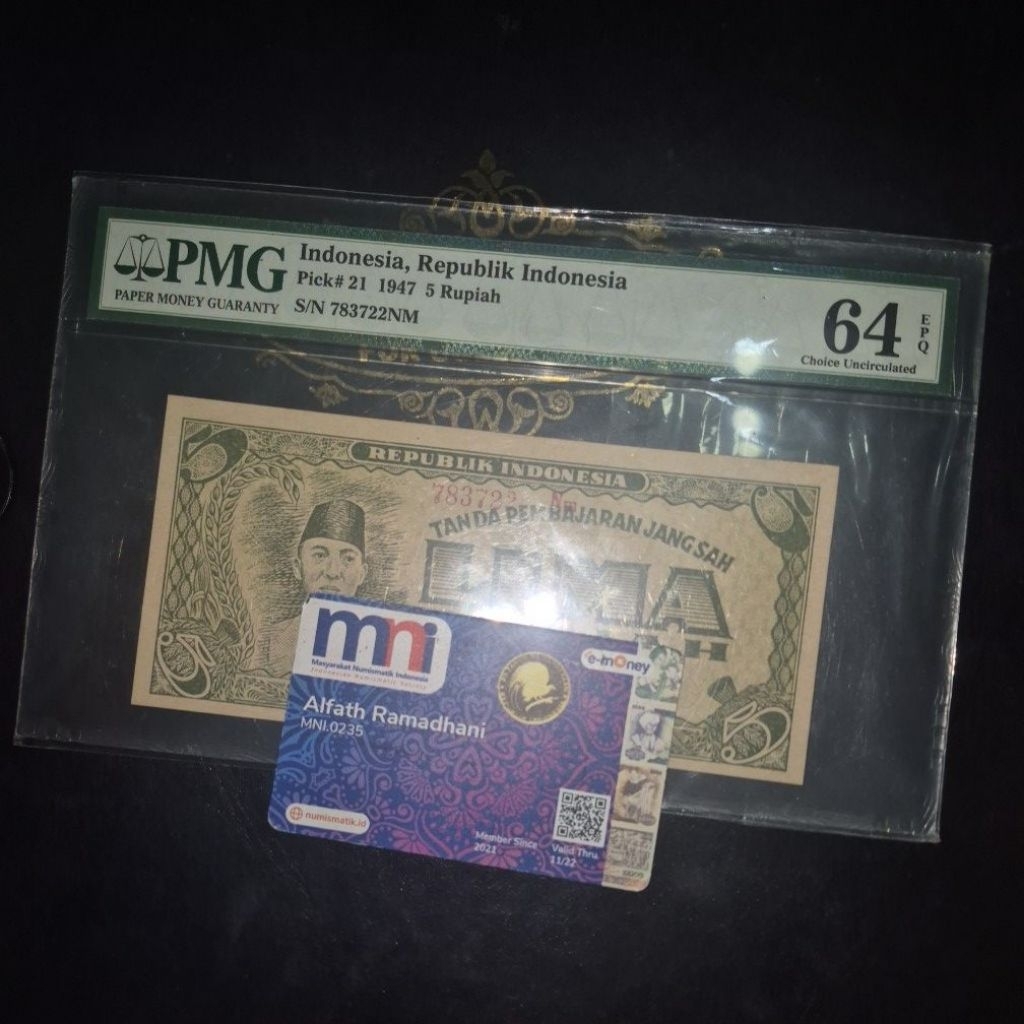 Uang Kuno 5 Rupiah ORI tahun 1947 PMG 64 EPQ