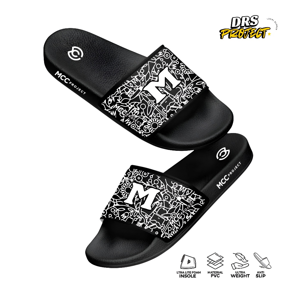 DRS - Terbaru Sandal Slop Slip On Slide DM 01 Black Sendal Pria Wanita Dewasa Casual Size 37-43