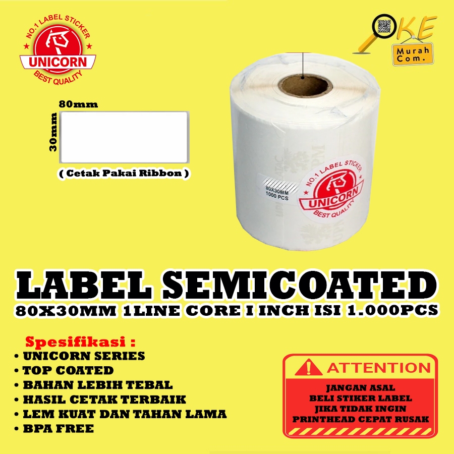 

Stiker Label Barcode Semicoated 80x30mm / 80x30 mm / 80 x 30 mm 1 Line Core 1 Inch 1.000pcs