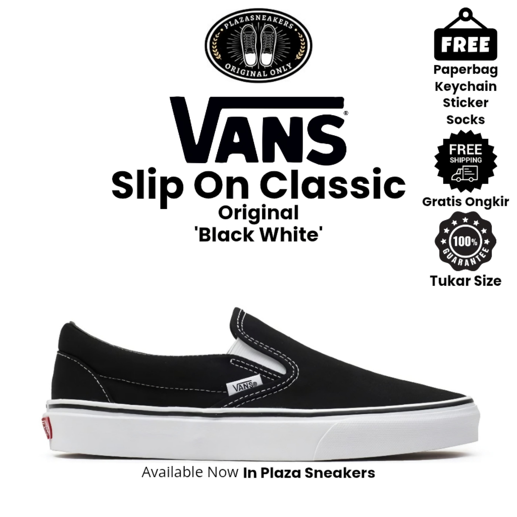 Sepatu Vans Slip On Classic Black White Pria Wanita Sneakers Original