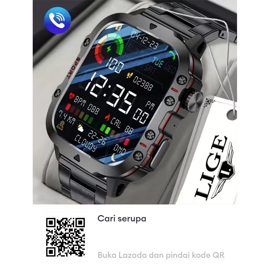 LIGE Jam Tangan Pintar Olahraga Pria Tahan Air Panggilan Bluetooth Pemantauan Kesehatan 100+ Jam Tan