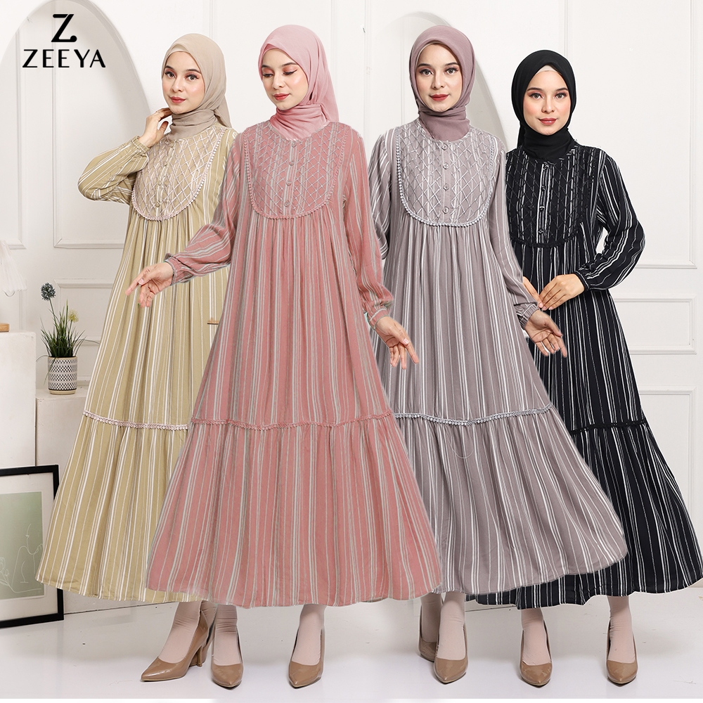 original zeeya collection aira gamis midi baju dress gamis wanita motif garis bahan rayon viscose
