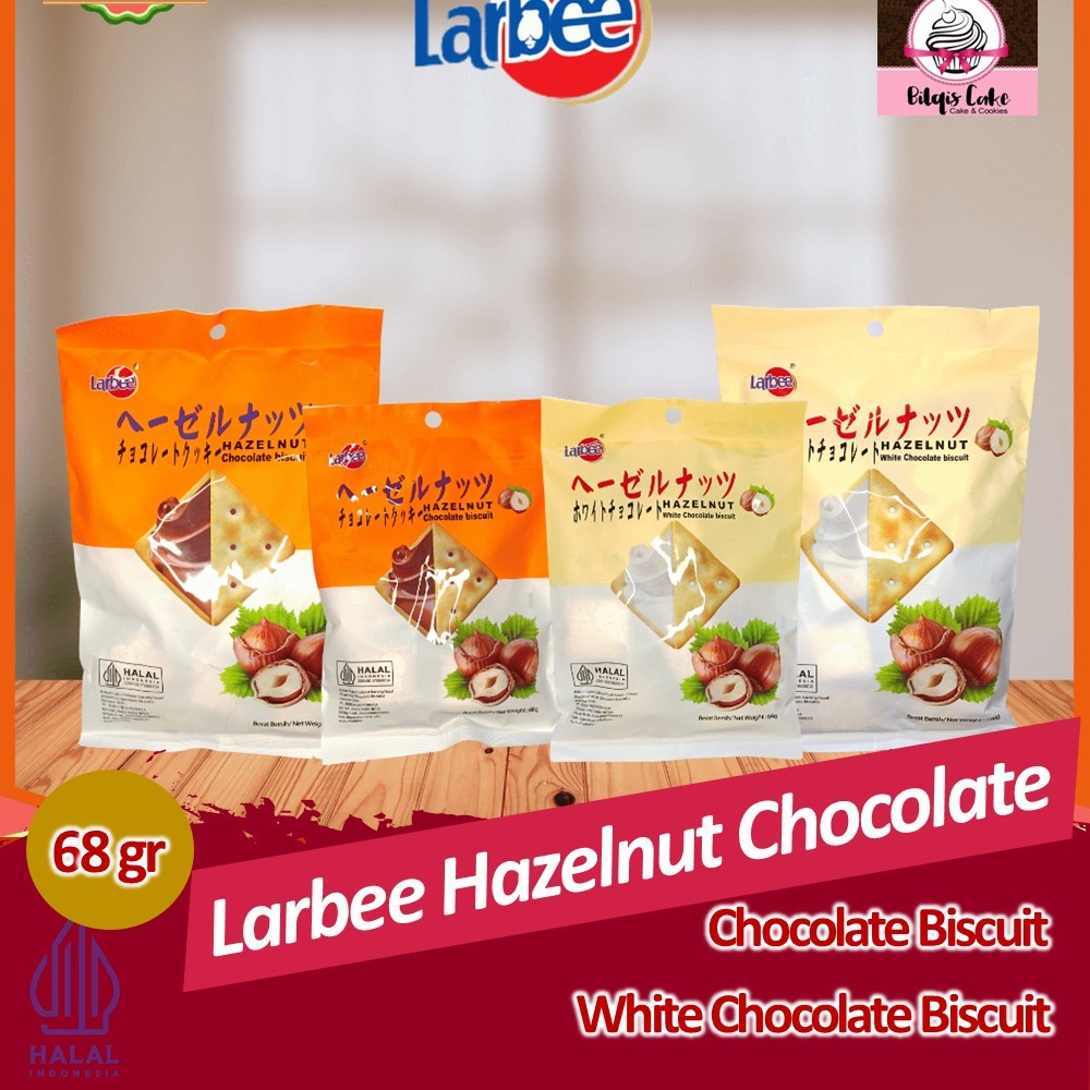 

Larbee Hazelnut Chocolate Biscuit Rasa White and Chocolate Biscuit 68 Gram