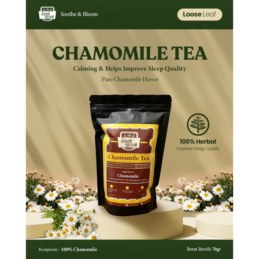 

Chamomile Tea - Soothe & Bloom | 100% Chamomile | Loose Leaf | 70gr (1 bulan konsumsi)