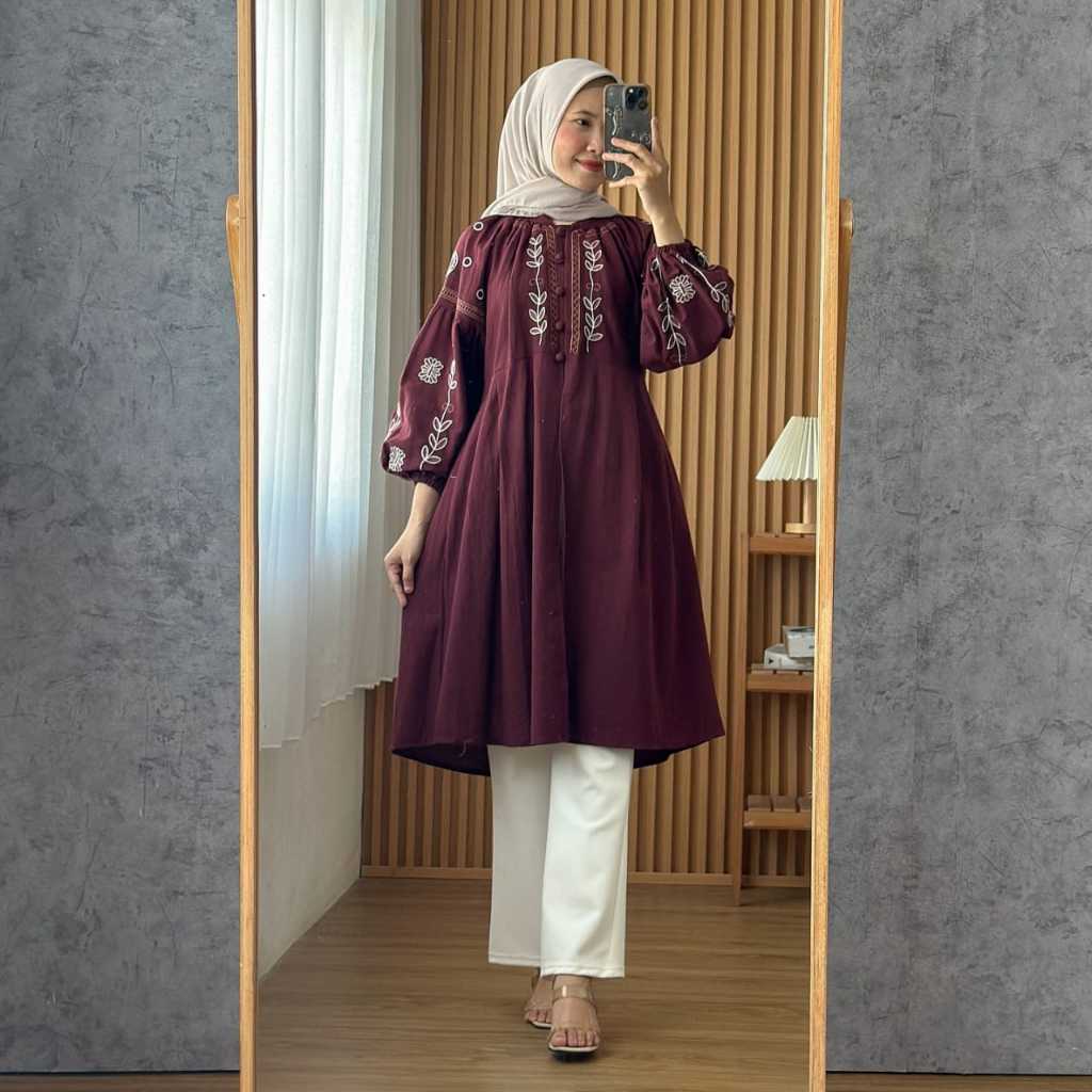 LYLY Tunik Pakaian Perempuan Style Modern Tunik Bordir Premium Wanita Long Tunik Bordir Atasan Tunik