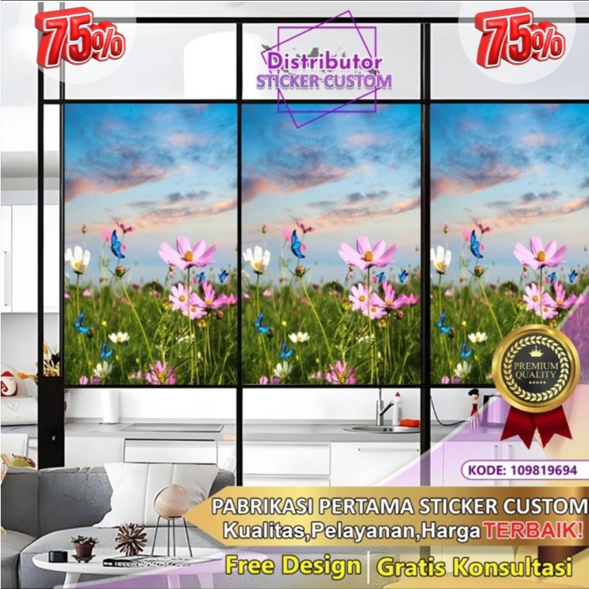 Sticker Custom 3D Tema Bunga | Stiker Kaca Kantor | Stiker Kaca | Sticker Kaca Pintu | Sticker Gedun