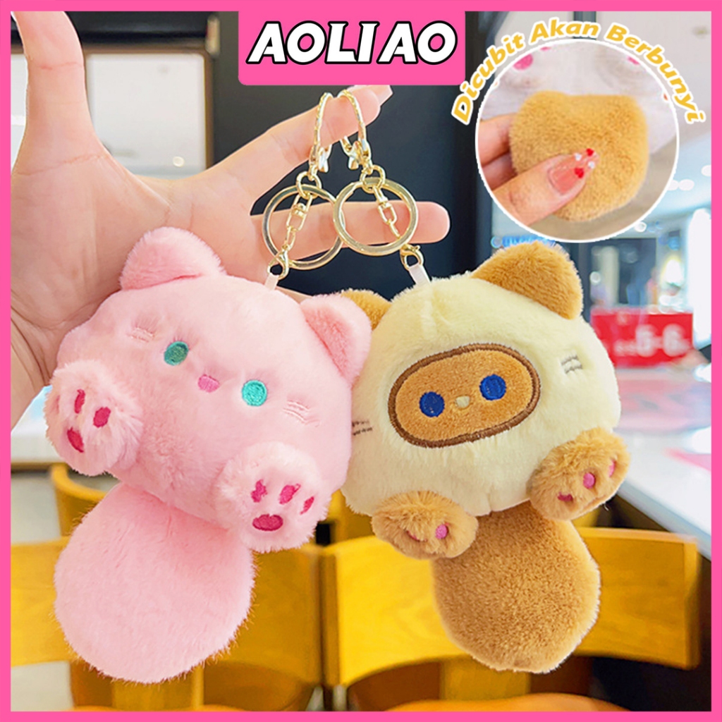 AOLIAO Gantungan Kunci Kreatif Korea Gantungan Kunci Kucing Dicubit Akan Berbunyi Cat Fluffy Bunyi