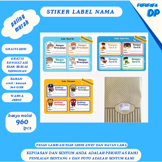 

Stiker Nama Buku / Stiker Custom Nama Buku Sekolah Anak ukuran 9x5cm (laminasi jadi susah luntur)