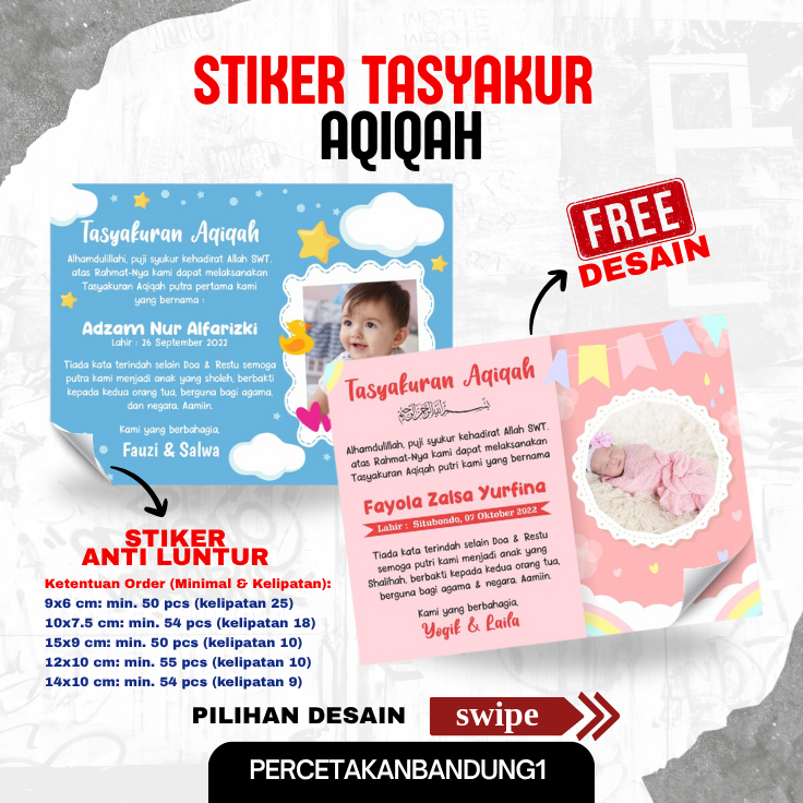 

Stiker / Kartu Ucapan Aqiqah & Kelahiran – Tasyakuran Selapanan, Tedak Siten, Bisa Custom Nama