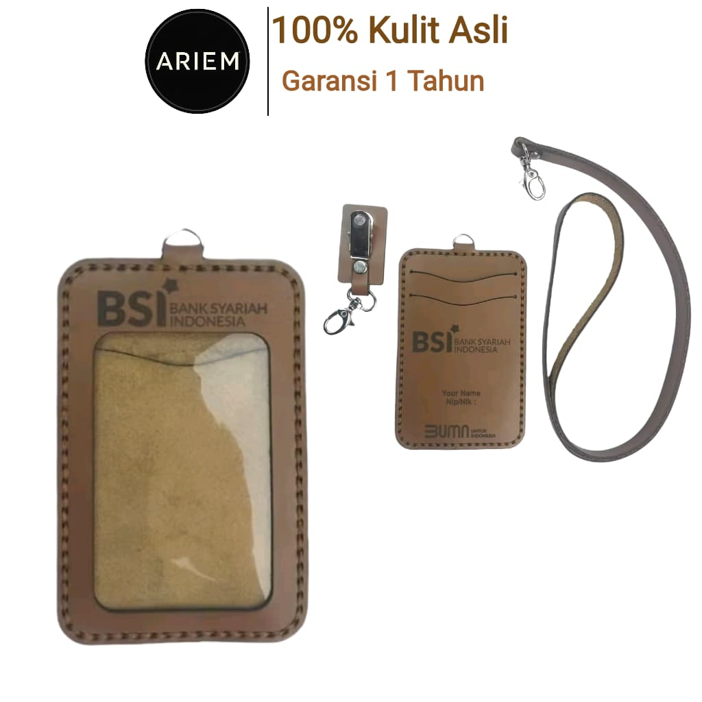 

ARIEM Name Tag Id Card Kulit Asli Castum Logo Lanyard - Holder Free Custom