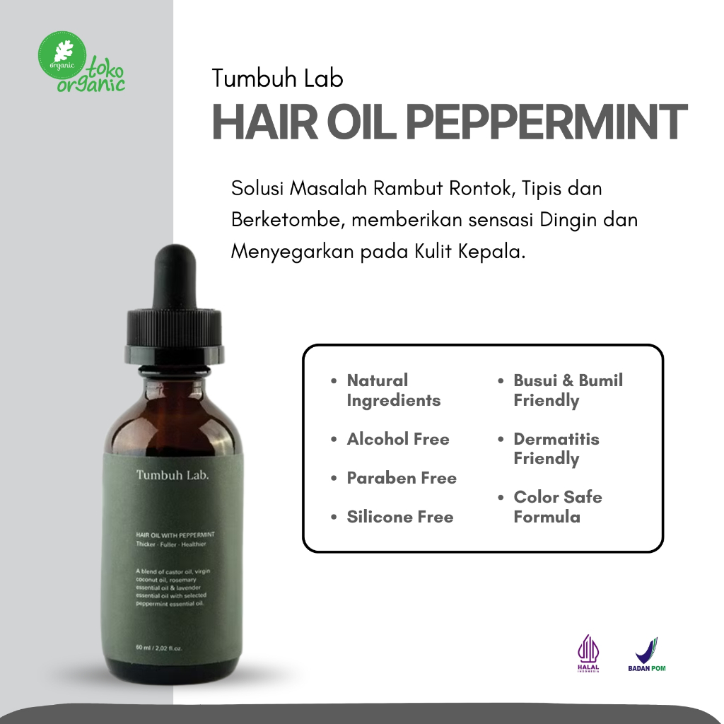Tumbuh Lab Hair Oil Peppermint (60ml) | Hair Oil untuk Rambut Rontok dengan Extract Peppermint, Tipi
