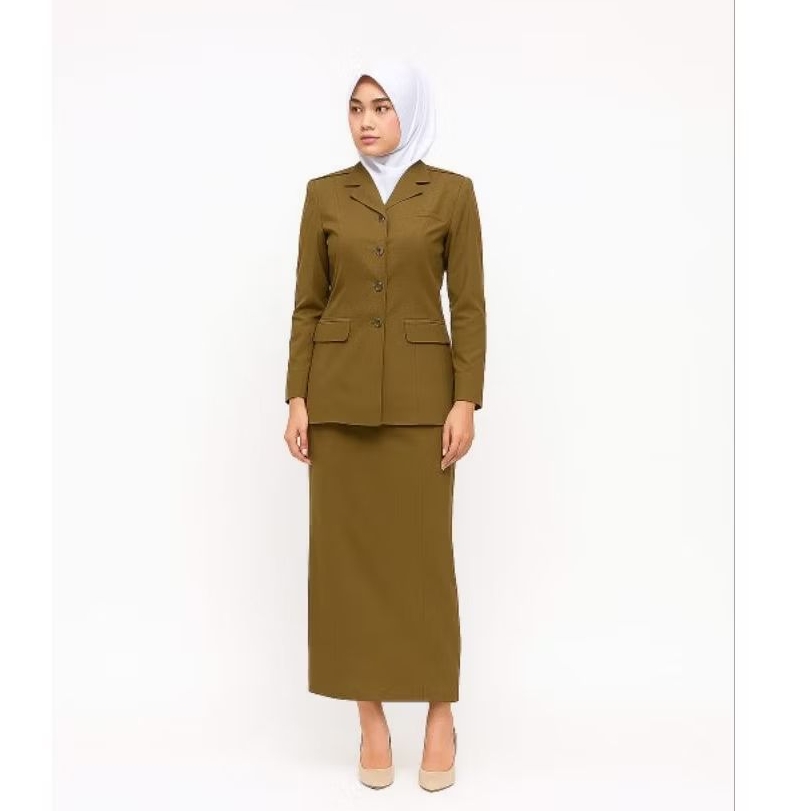 Setelan Blazer Khaki Pns Wanita - Baju Seragam Pemda Guru Set Rok dan Celana Terbaru