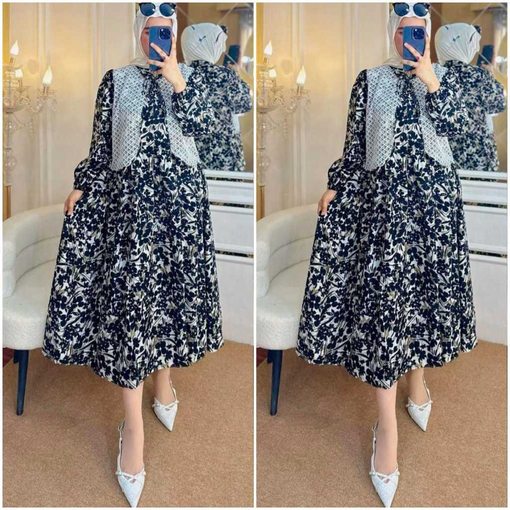 dress midi / midi dress rayon ori tebal motif bunga hitam / dress midi terbaru 2025 / gamis rayon pr