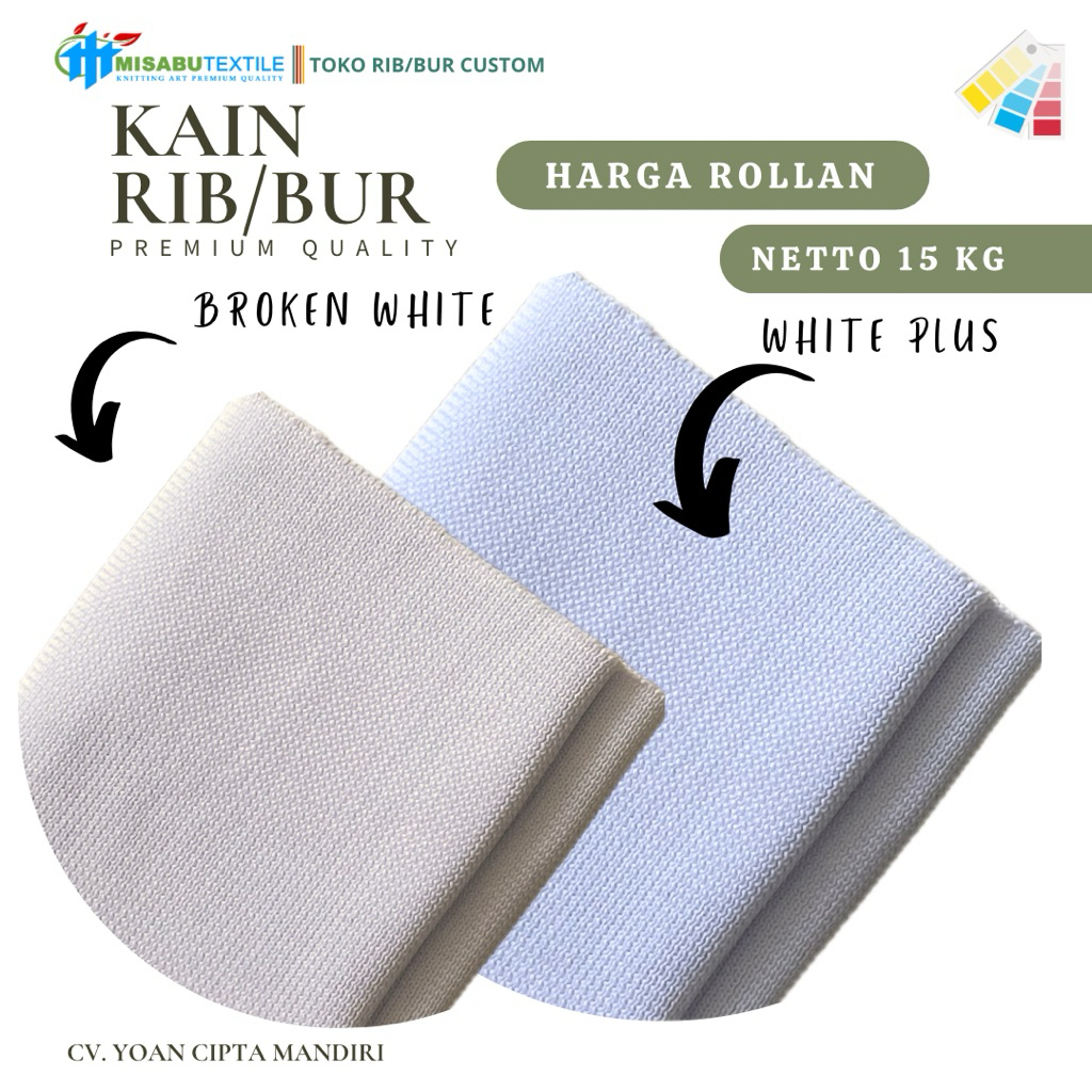 Misabu textile 🇲🇨 Kain rib bur putih polyester premium polos roll