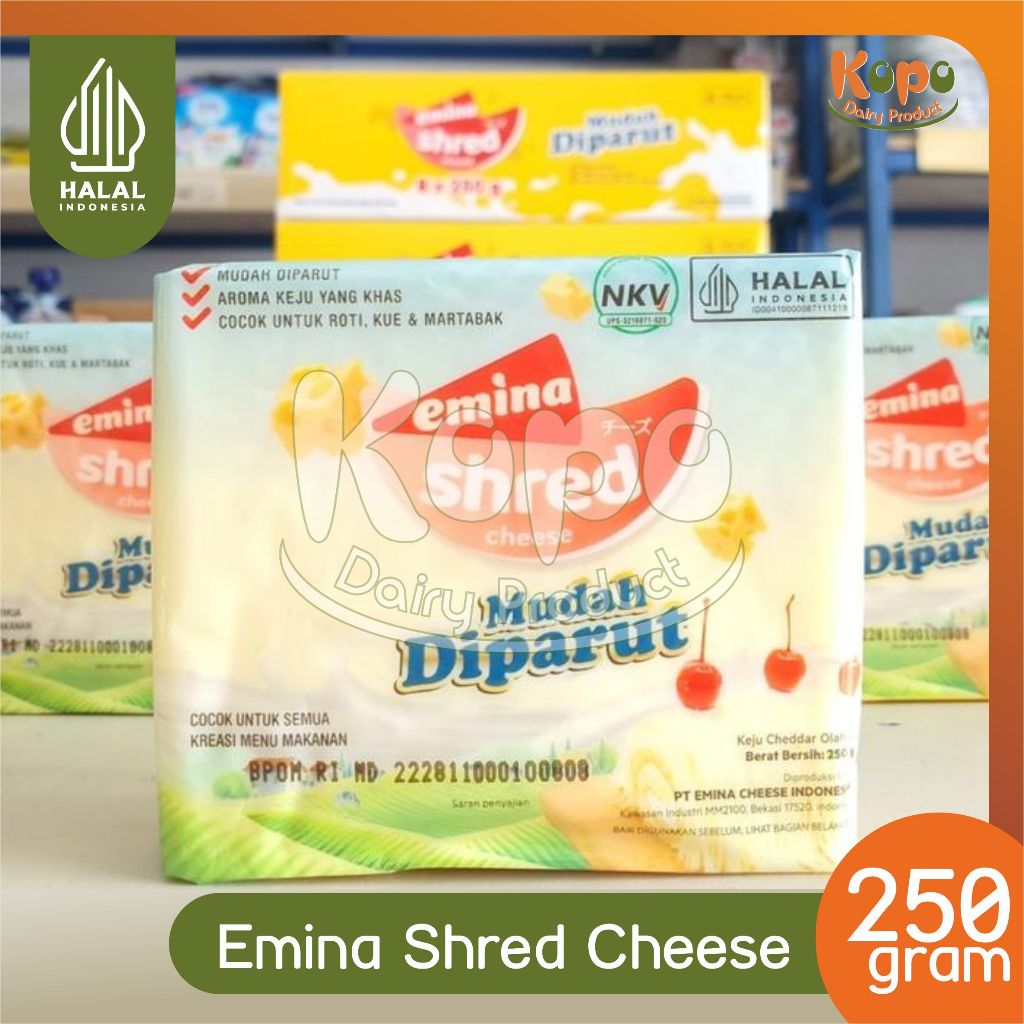 

Emina Shred Cheese 250gr / Keju Cheddar / Kualitas Baik / HALAL