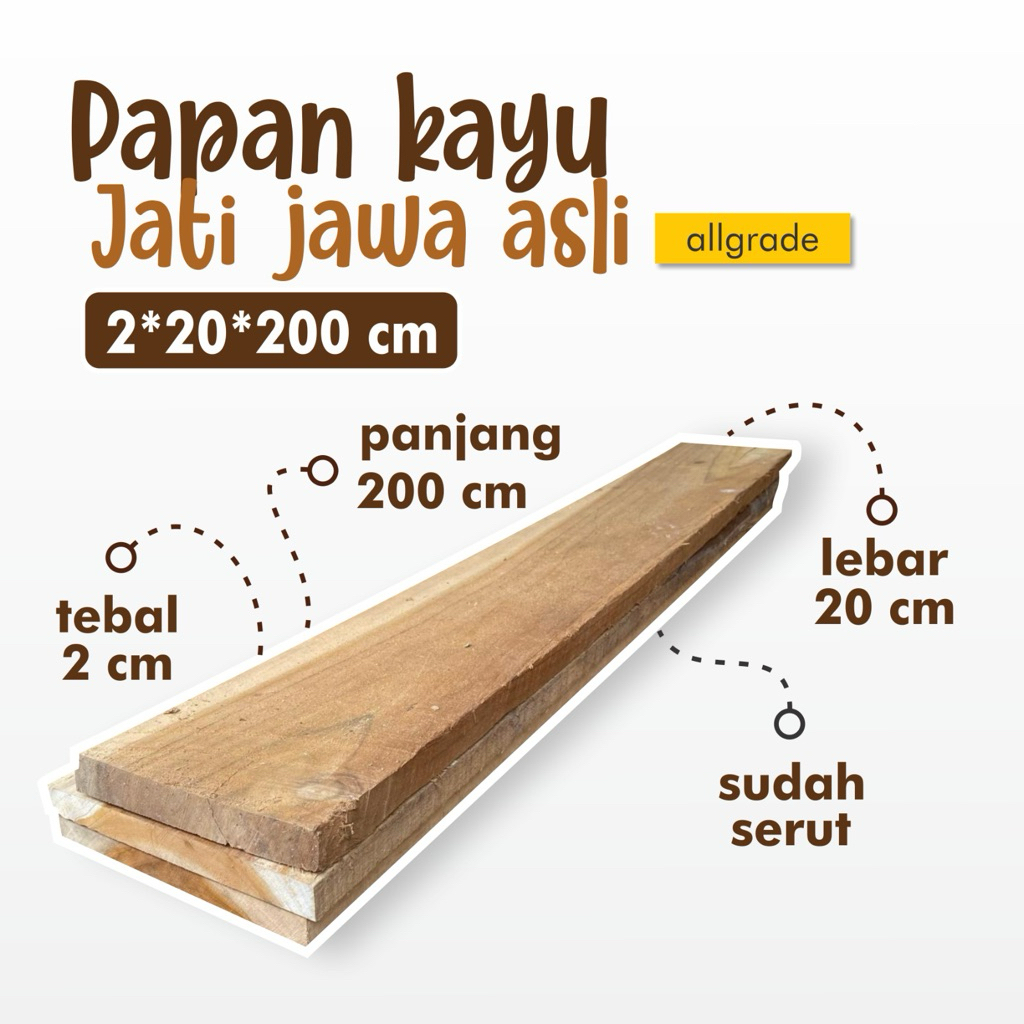 Papan Kayu Jati Jawa Ukuran 2x20x200 cm Murah Serut Halus Kayu Solid Siap Pakai Bahan Kerajinan